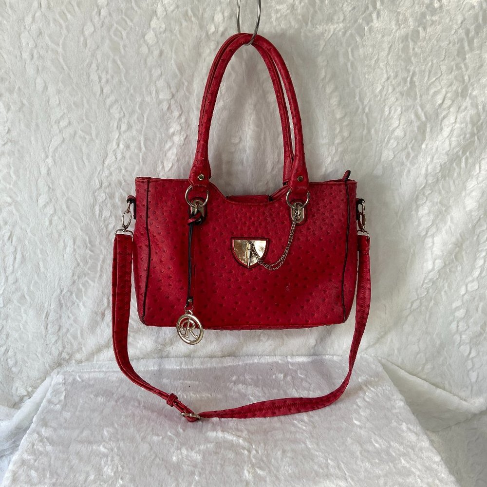 Ostrich Textured Bag Purse "R" Metal Accents